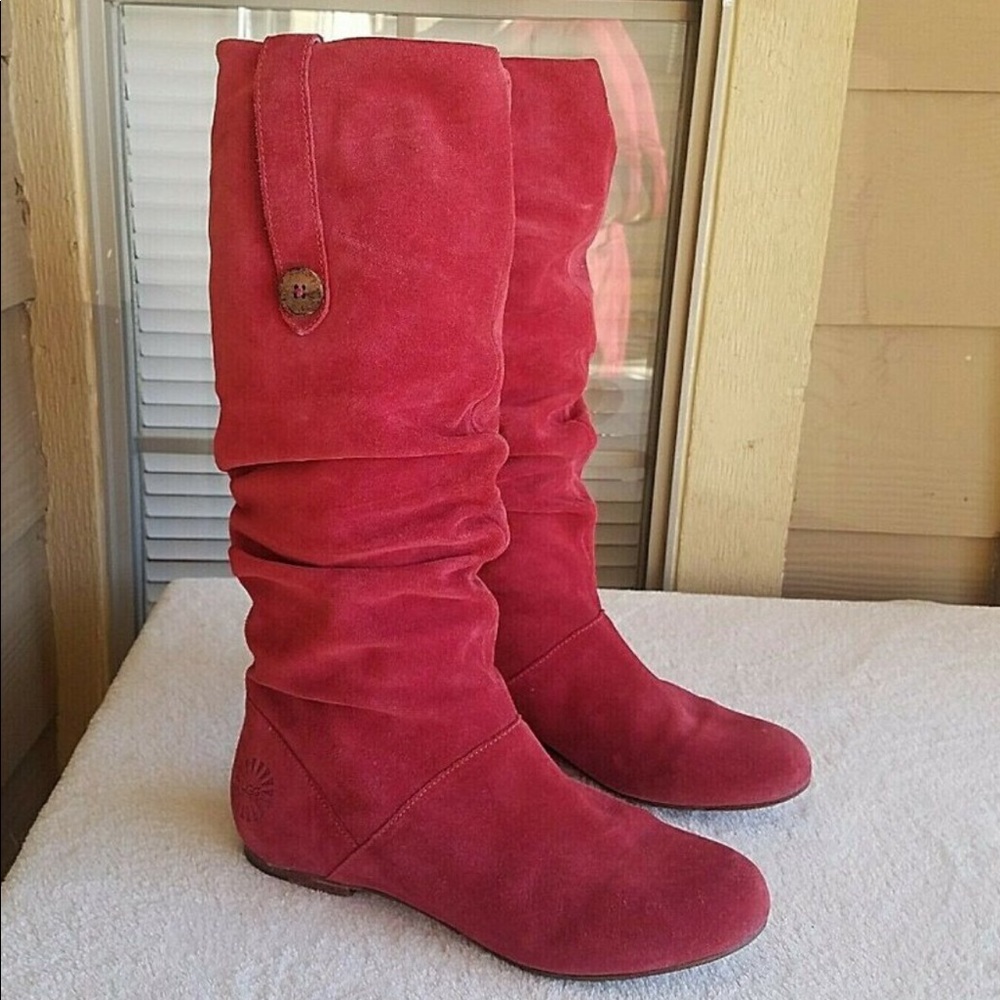 UGG Red Suede Tall Adjustable Scrunch Boots Size 8